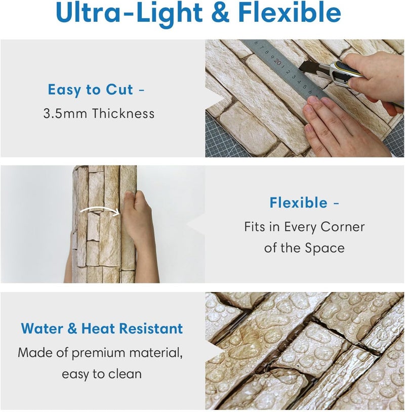 COMSTICKC 3D Faux Stone Wall Panel Peel and Stick Wall Tiles, 10 Pcs of 12"X12", Ultra-Light Thin PVC Rock Adhesive Fake Stone Paneling Backsplash Interior Decor (Brown Stone) - Image 4